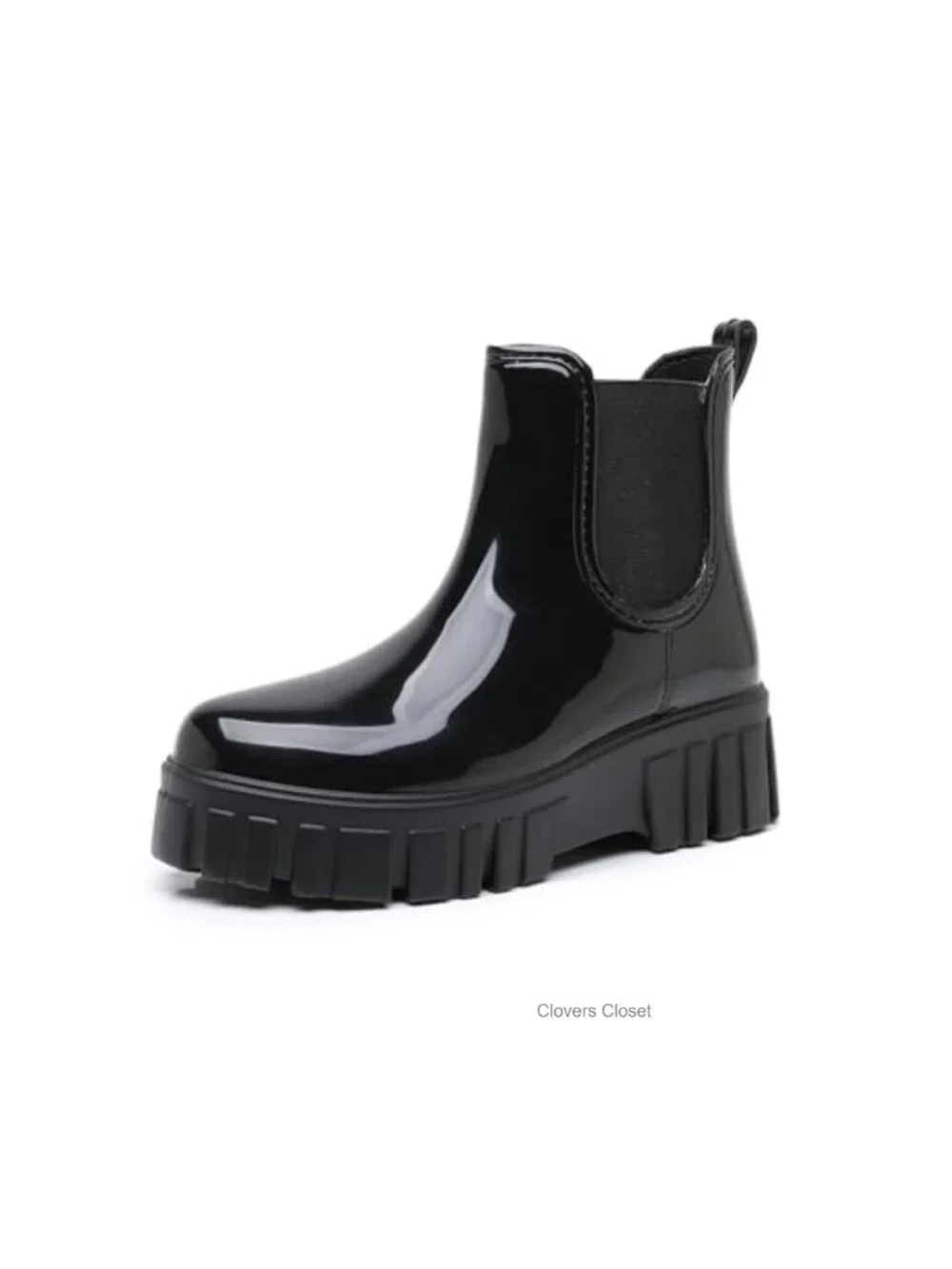 Waterproof Rubber Chelsea Rain Boots, Glossy Chunky Platform Ankle Booties,